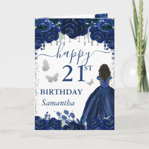 Dark Skin Princess Navy Blue Dress Birthday Card