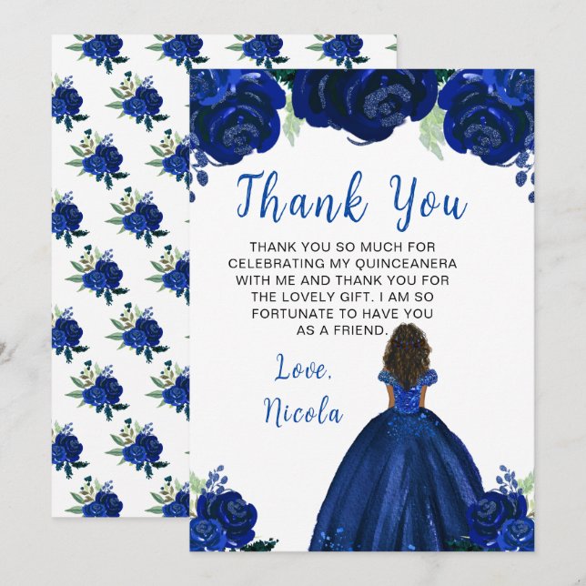 Dark Skin Princess Navy Floral Quinceanera Thank You Card (Front/Back)
