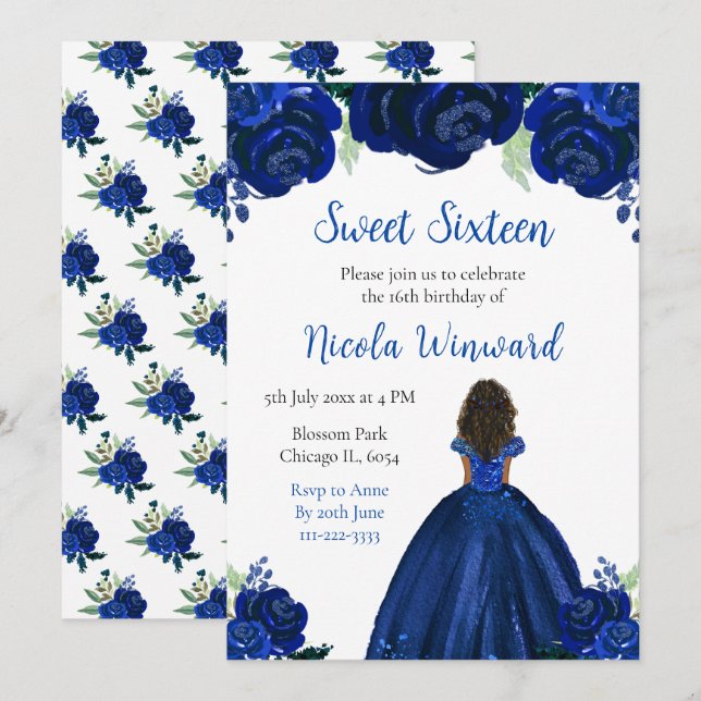 Dark Skin Princess Navy Floral Sweet Sixteen Invitation (Front/Back)