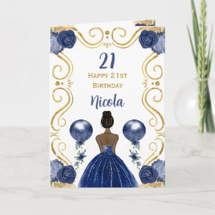 Dark Skin Princess Navy Happy Birthday Card