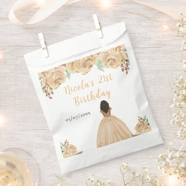 Dark Skin Princess Peach Floral Birthday Party Favour Bag (Clipped)