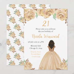 Dark Skin Princess Peach Floral Birthday Party Invitation