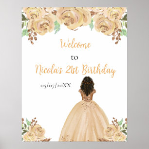 Dark Skin Princess Peach Floral Birthday Welcome Poster