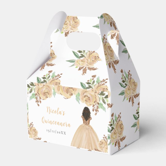 Dark Skin Princess Peach Floral Quinceanera Favor Box (Front Side)