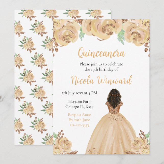 Dark Skin Princess Peach Floral Quinceanera Invitation (Front/Back)