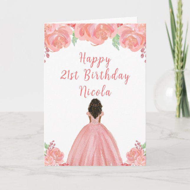 Dark Skin Princess Pink Floral Birthday Party Card (Front)