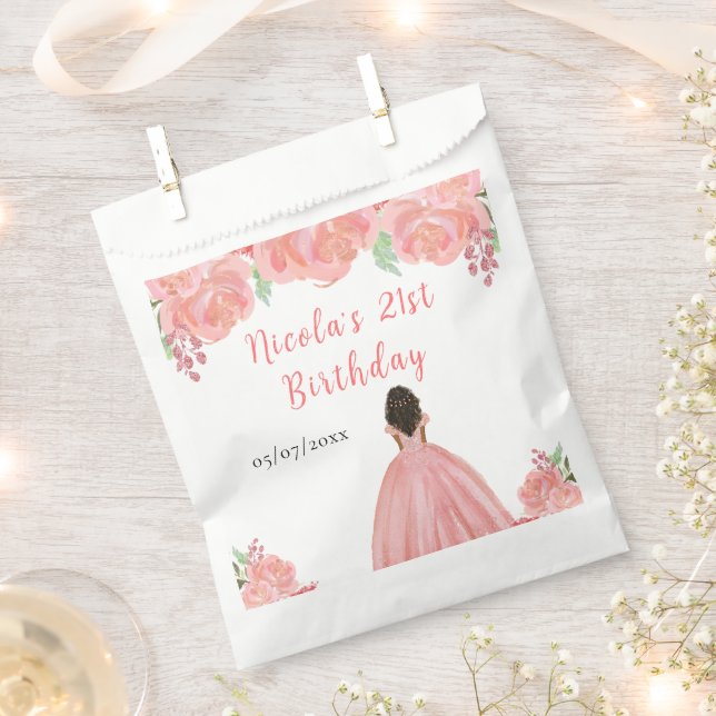 Dark Skin Princess Pink Floral Birthday Party Favour Bag (Clipped)