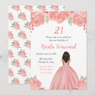 Dark Skin Princess Pink Floral Birthday Party Invitation