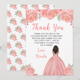 Dark Skin Princess Pink Floral Birthday Party Thank You Card