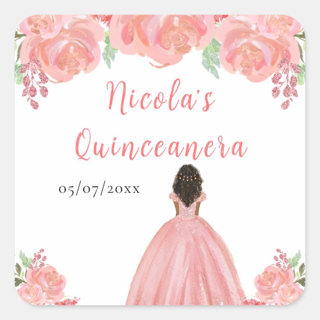 Dark Skin Princess Pink Floral Quinceanera Square Sticker (Front)
