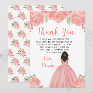 Dark Skin Princess Pink Floral Quinceanera Thank You Card