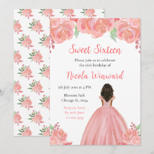 Dark Skin Princess Pink Floral Sweet Sixteen Invitation