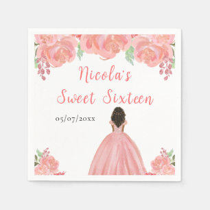 Dark Skin Princess Pink Floral Sweet Sixteen Napkin