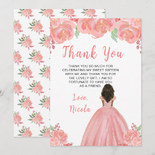 Dark Skin Princess Pink Floral Sweet Sixteen Thank You Card
