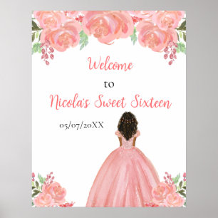 Dark Skin Princess Pink Sweet Sixteen Welcome Poster