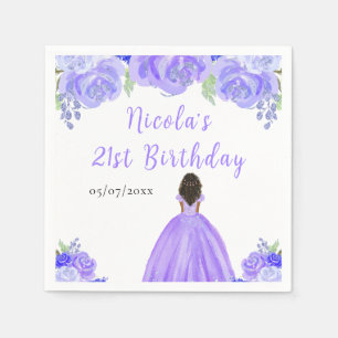 Dark Skin Princess Purple Floral Birthday Party Napkin