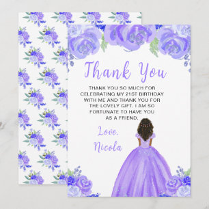 Dark Skin Princess Purple Floral Birthday Party Thank You Card