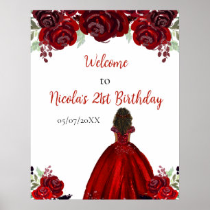 Dark Skin Princess Red Birthday Welcome Poster