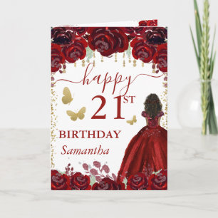Dark Skin Princess Red  Dress Birthday Card