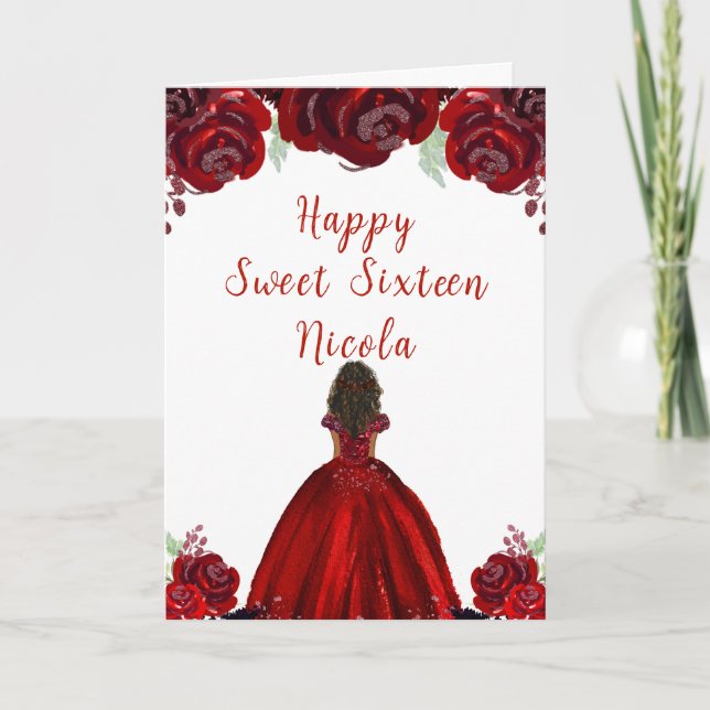 Dark Skin Princess Red Floral Sweet Sixteen Card (Front)