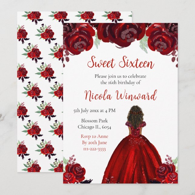 Dark Skin Princess Red Floral Sweet Sixteen Invitation (Front/Back)