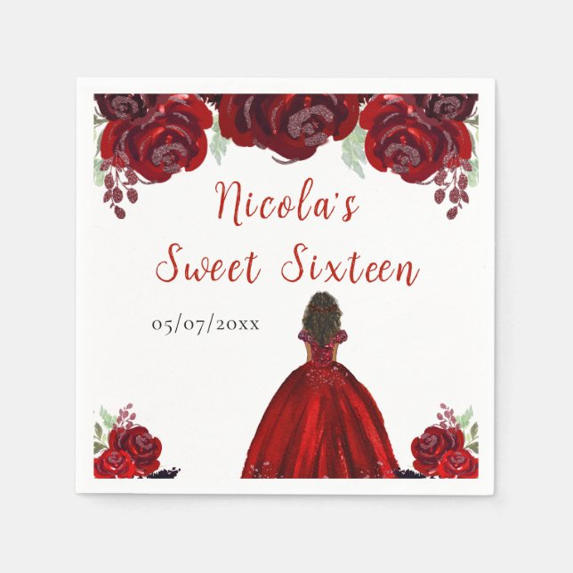 Dark Skin Princess Red Floral Sweet Sixteen Napkin (Front)