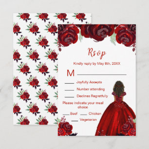 Dark Skin Princess Red Floral Sweet Sixteen RSVP Card