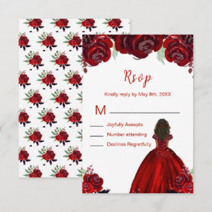 Dark Skin Princess Red Floral Sweet Sixteen RSVP Card