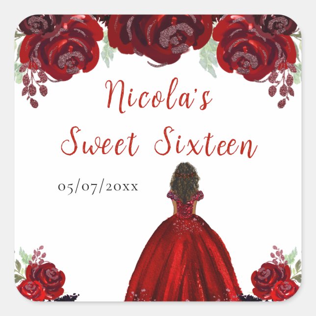 Dark Skin Princess Red Floral Sweet Sixteen Square Sticker (Front)