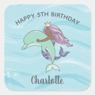 Dark Skin Purple Mermaid with Dolphin Birthday Square Sticker