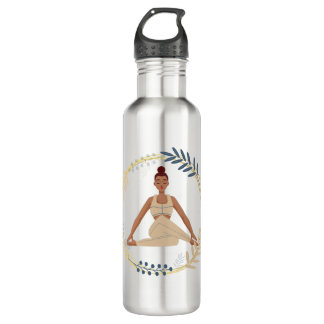 Dark skin woman yoga pose spiritual golden flower 710 ml water bottle