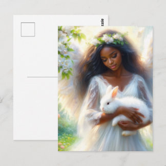 Dark-Skinned Angel Woman Holding Bunny Rabbit Postcard
