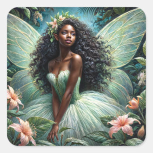 Dark-Skinned Fairy In Mint Green Botanical Square Sticker