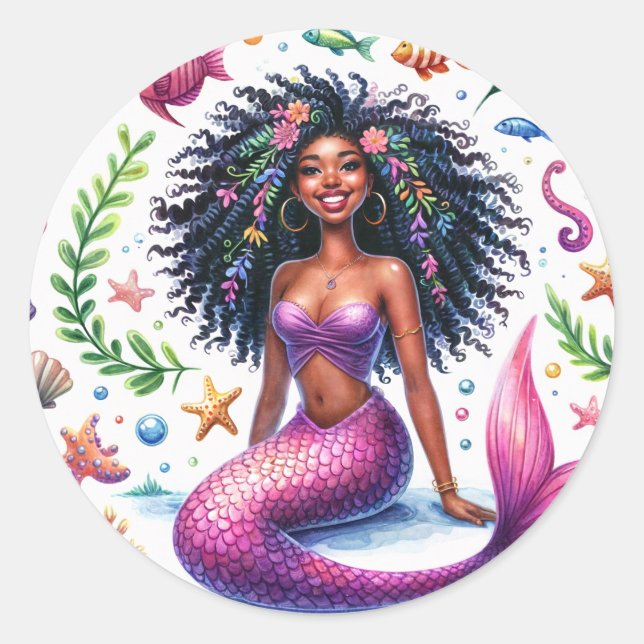 Dark-Skinned Mermaid With Pink Tail Classic Round Sticker (Front)