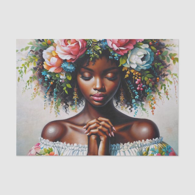 Dark-Skinned Woman Prays Floral Portrait Tissue Paper (Front)