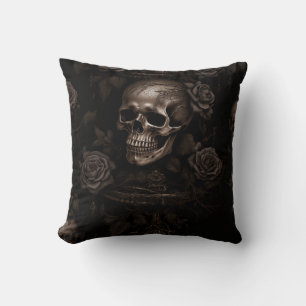 Dark Skull and Roses Throw Pillow