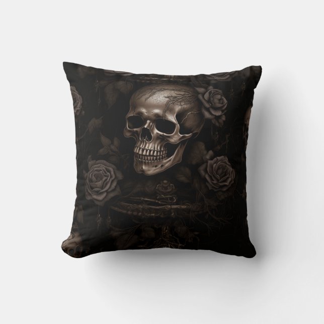 Dark Skull and Roses Throw Pillow (Front)