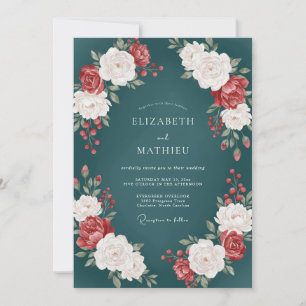 Dark Slate Crimson Petal Wedding Invitation