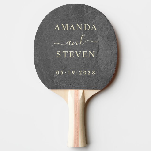 Dark Slate Stone Couple Names with Wedding Ping Pong Paddle (Back)