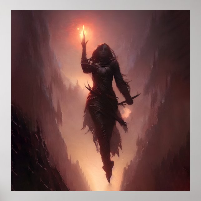 Dark sorceress casting a flame spell poster (Front)