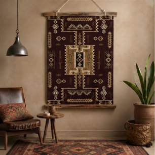Dark Southwestern Tribal Boho Aztec Brown Gold Hanging Tapestry