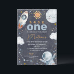 Dark Space First Trip Around the Sun 1st Birthday  Invitation<br><div class="desc">Dark Space First Trip Around the Sun 1st Birthday Invitation Sweet outer space or first trip around the sun first birthday invitation for a baby boy featuring a small sun, planet, stars, spaceship and spaceman on a dark background. This boy's first trip around the sun is ideal for a space...</div>