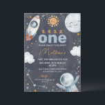 Dark Space First Trip Around the Sun 1st Birthday  Invitation<br><div class="desc">Dark Space First Trip Around the Sun 1st Birthday Invitation Sweet outer space or first trip around the sun first birthday invitation for a baby boy featuring a small sun, planet, stars, spaceship and spaceman on a dark background. This boy's first trip around the sun is ideal for a space...</div>