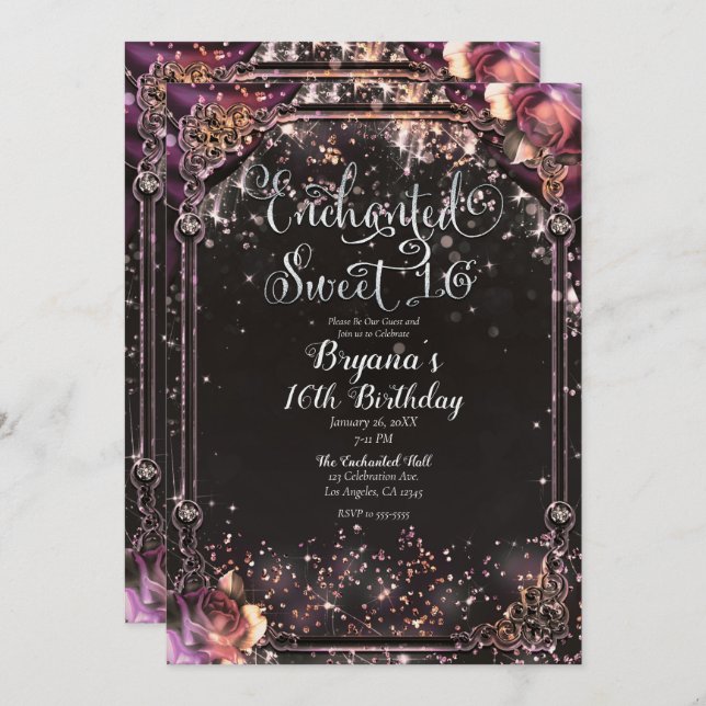 Dark Sparkle Glitter Glam Lights Sweet 16 Party Invitation (Front/Back)