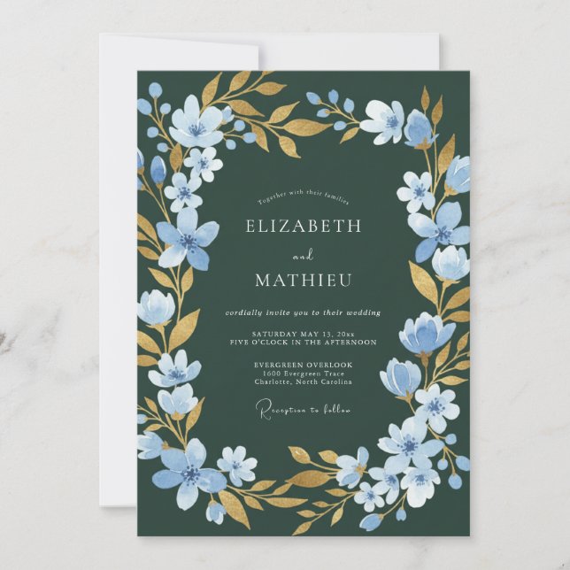 Dark Spruce Gold Petal Wedding Invitation (Front)