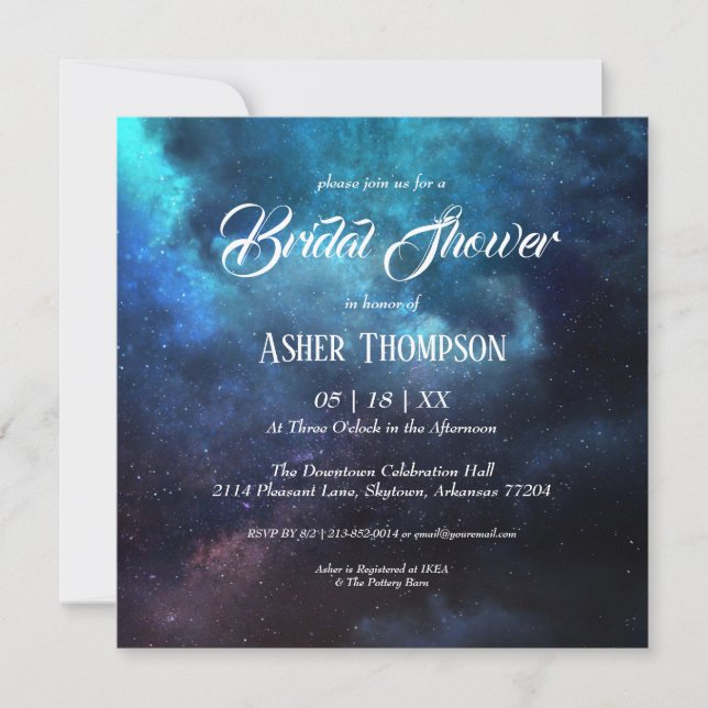 Dark Starry Night Blue Nebula Bridal Shower Invitation (Front)