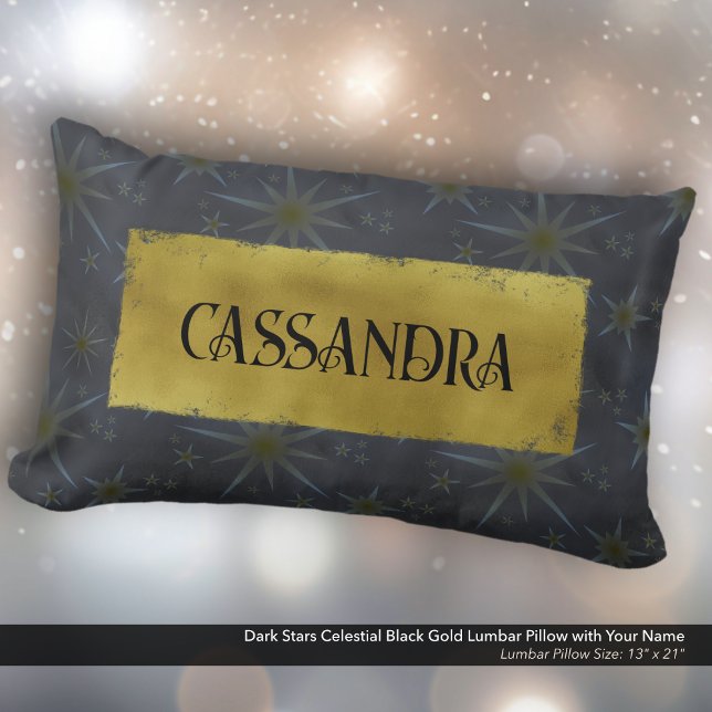 Dark Stars Celestial Black Gold Name Lumbar Pillow (Dark Stars Celestial Black and Gold Lumbar Pillow Personalized with Your Name.)