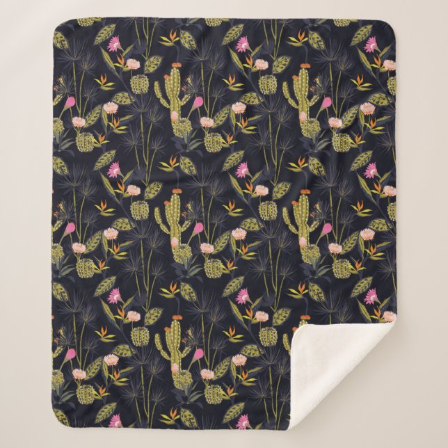 Dark Summer Night Cactus Pattern Sherpa Blanket (Front)