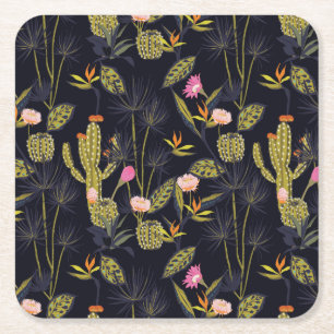 Dark Summer Night Cactus Pattern Square Paper Coaster