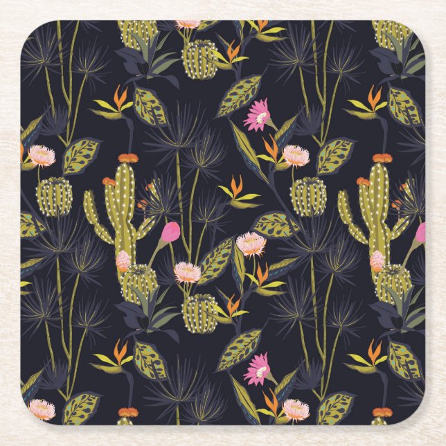 Dark Summer Night Cactus Pattern Square Paper Coaster (Front)